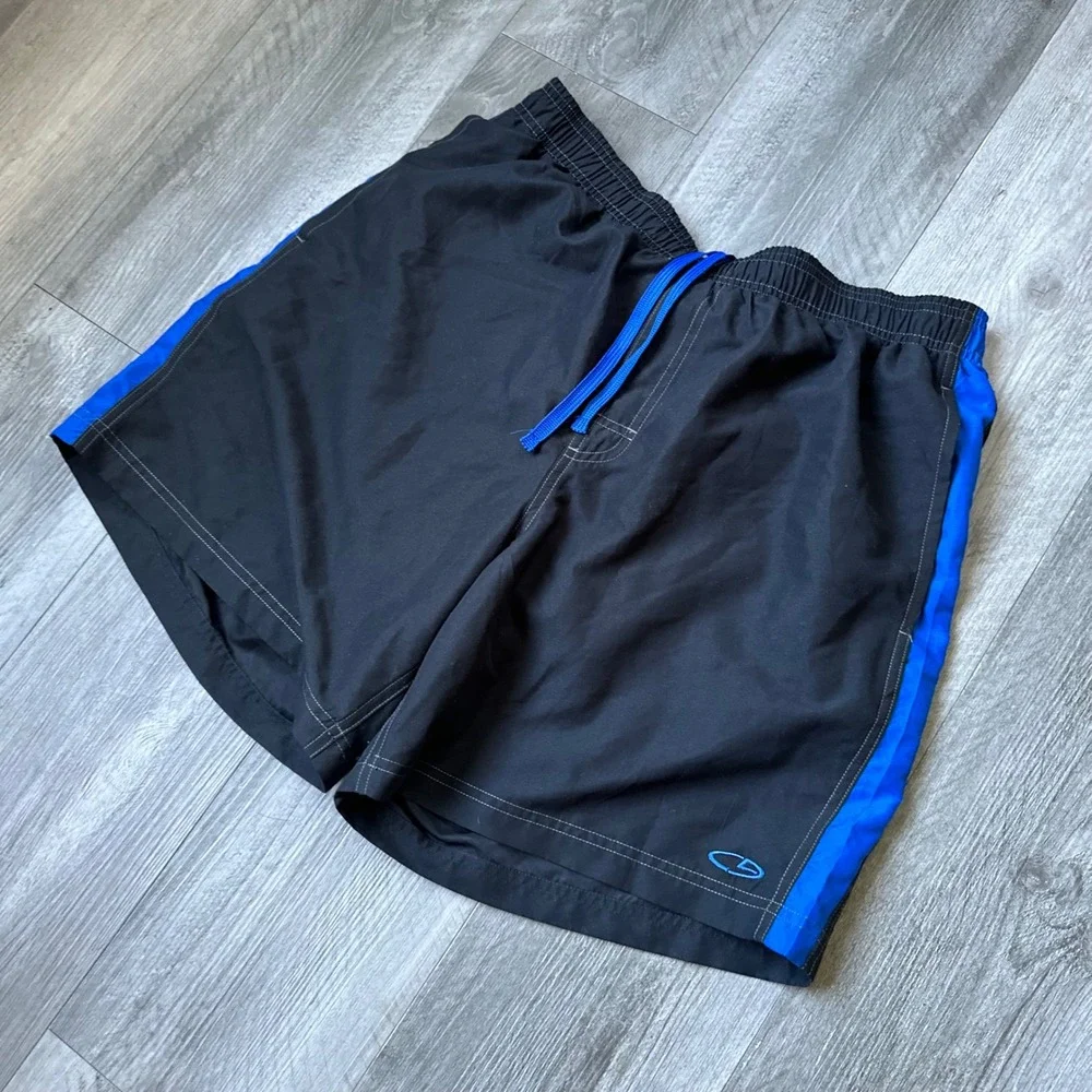 Vintage Y2K Champion Black Blue Stripe Swim Trunks Athletic Shorts Men's Large